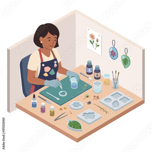 Woman creates ceramics in a studio with various tools and supplies around her.