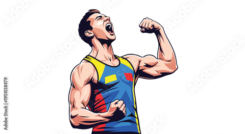 Comic-style illustration of a muscular man in a colorful sleeveless top flexing his arm and shouting triumphantly against a plain white background.