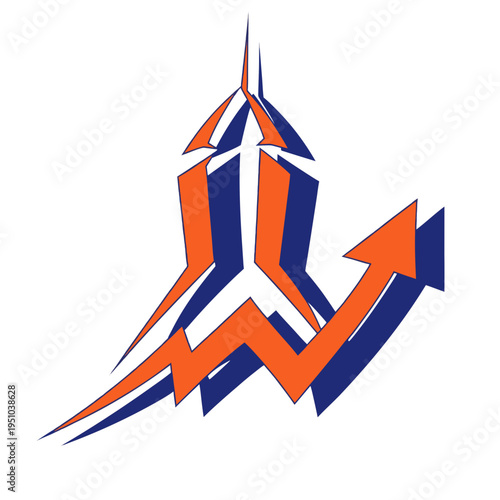a single playful vector icon of a rocket launching with a growth arrow trail, distorted dynamic shapes in bright bold palette of orange and navy, thick outlines, flat white background, energetic start
