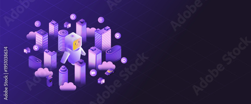 Artificial Intelligence Robot Managing Smart City Infrastructure Isometric Illustration