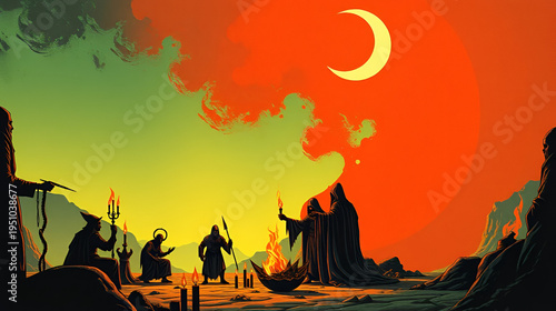 A sinister ritual taking place under a crescent moon, with cultists and dark flames illustration, dark fantasy, 1970s