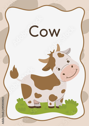 Adorable cartoon cow character standing on green grass. Flat vector illustration for children education, milk product packaging, and farm animal collection. Isolated on white background.