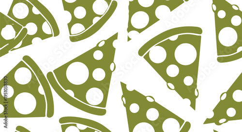 Seamless pizza slice vector pattern in green and white, modern food background design