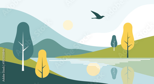 Serene abstract landscape with rolling hills, a tranquil lake reflecting the sky, and stylized trees under a bright sun.