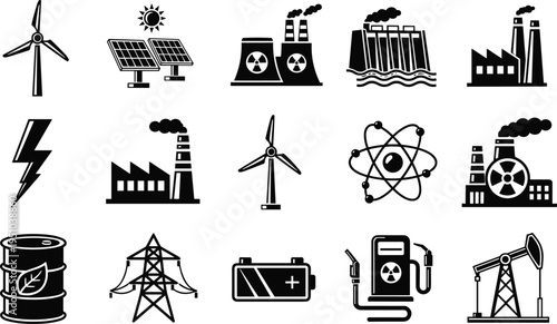 Energy and power industry icon set, renewable and nonrenewable electricity sources, factory, wind turbine, solar panel, nuclear vector illustration