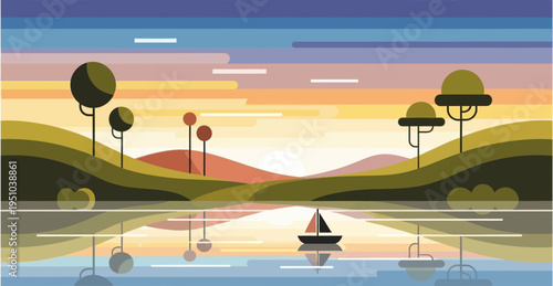 A vibrant, stylized digital illustration of a serene sunset or sunrise over a calm lake with rolling hills, unique trees, and a small sailboat reflecting on the water's surface.