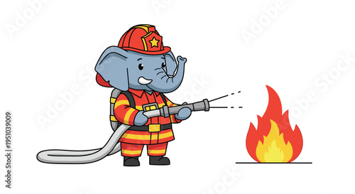 Cute cartoon elephant dressed as a firefighter spraying water from a hose to extinguish a small fire on white background.
