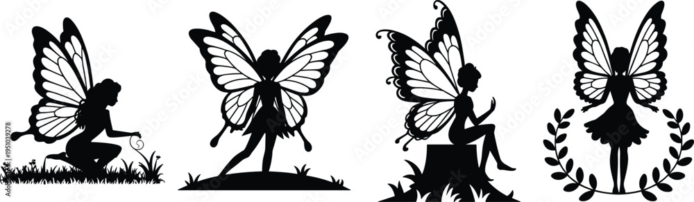 Obraz premium Four black silhouette fairies with butterfly wings in various poses on a white background fairy