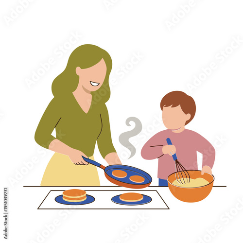 Woman and boy cooking pancakes on electric stove in home kitchen