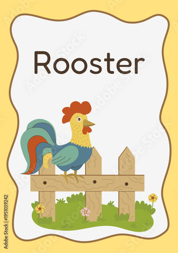 Bright cartoon rooster character perched on a wooden fence. Flat vector illustration for children education, morning concept, and farm animals. Isolated on white background.