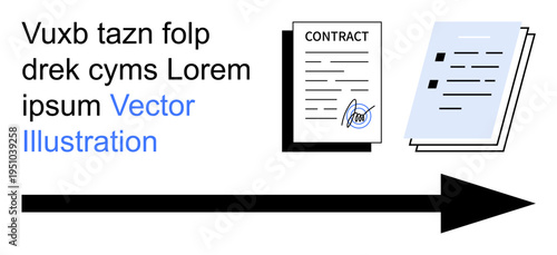Business operations, legal processes, contract management, document flow, workflow automation, approval systems. Signed contract and documents with forward arrow. Business operations and legal