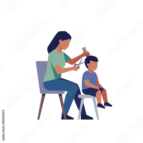 Woman cuts little boy's hair with scissors indoors at home