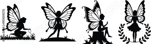 Four black silhouette fairies with butterfly wings in various poses on a white background fairy