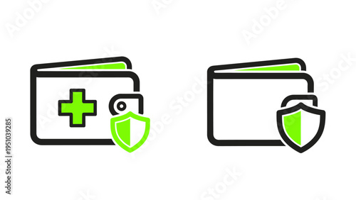 Set of 2 vector icons depicting a wallet with a green medical cross and a wallet with a green security shield, representing health insurance and financial protection concepts.