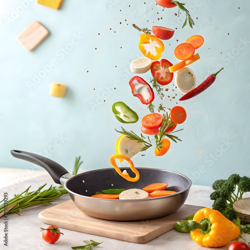 Sliced vegetables flying above a cooking pan, colorful peppers carrots and herbs captured mid air