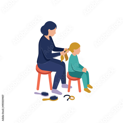 Woman styling little girl's hair with scissors and comb indoors
