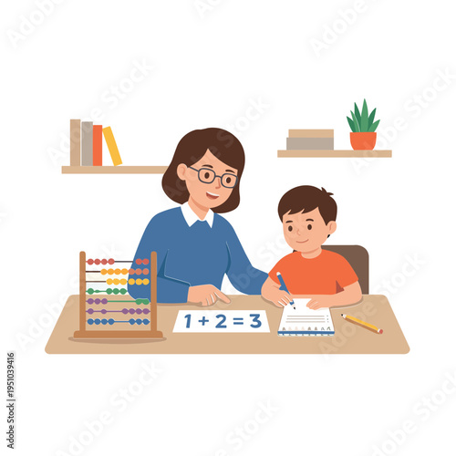 A woman teaches a boy math with an abacus at a desk.