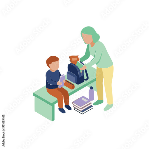 Woman helps child prepare backpack on bench at school