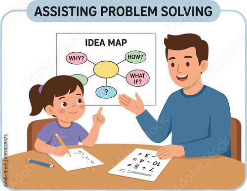 A man assists a girl in solving a puzzle at a table with an idea map on the wall.