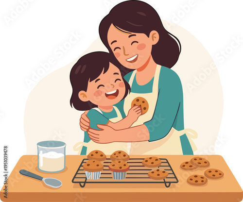 Woman and child baking cookies together in a kitchen happily