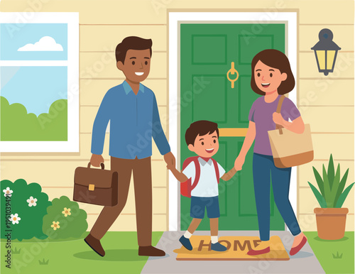 A family arrives home with bags and a child holding hands with parents.