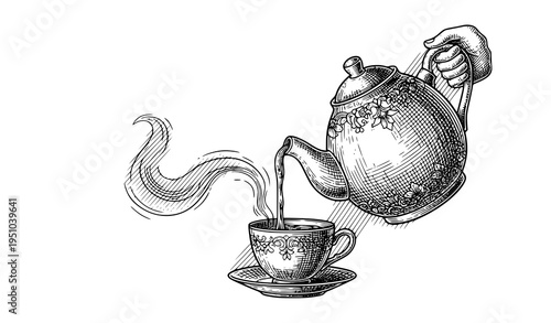 Antique teapot pouring tea vintage engraving vector illustration