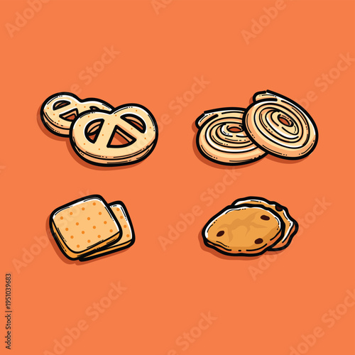Hand Drawn Assorted Cookies and Crackers Illustration On Orange Background, Sweet Snack Icons