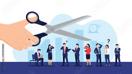 Giant hand holding large scissors over a crowd of confused business professionals standing in front of city skyscrapers and bar charts.