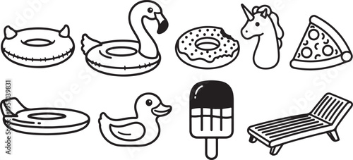 Assorted fun items including inflatable pool floats, snacks, and a lounge chair Vector