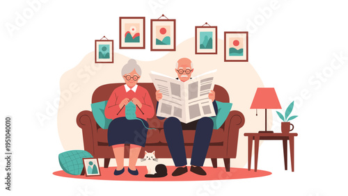 Elderly couple spending a quiet afternoon at home, with the man reading a newspaper and the woman knitting, showing happy retirement.