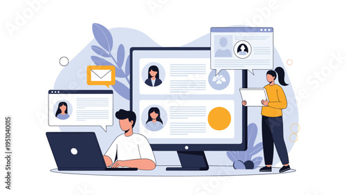 Human resources team using a digital platform with user profiles and chat icons to manage recruitment and professional networking.