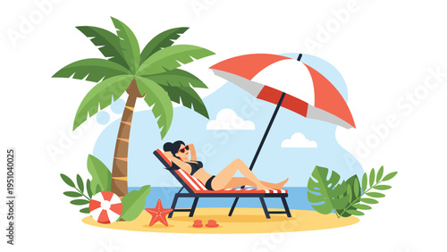 Young woman relaxing on a lounge chair under a beach umbrella with a tropical palm tree, symbolizing a perfect summer holiday.