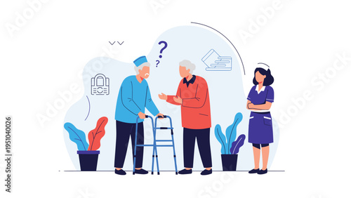 Caring nurse providing assistance to an elderly couple, with the husband using a walker, highlighting high-quality senior care services.