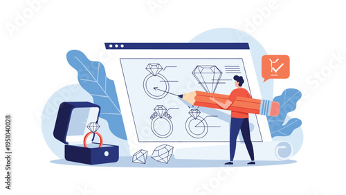 Jewelry designer sketching various ring concepts on a large digital screen with a giant pencil, representing creative craftsmanship.