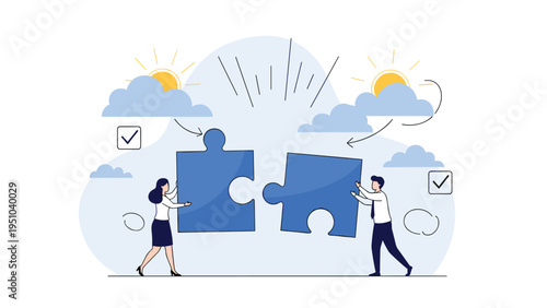 Business man and woman successfully joining two large puzzle pieces together, representing teamwork and strategic partnership.