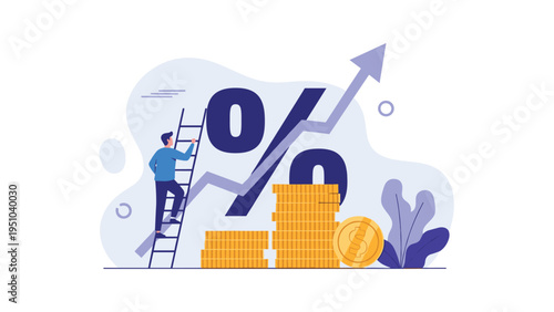 Person climbing a ladder next to a large percentage symbol and stacks of coins with an upward arrow, representing rising interest rates.