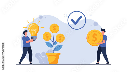 Successful entrepreneurs growing their wealth with coin-bearing plants and a light bulb for innovation and smart investment.