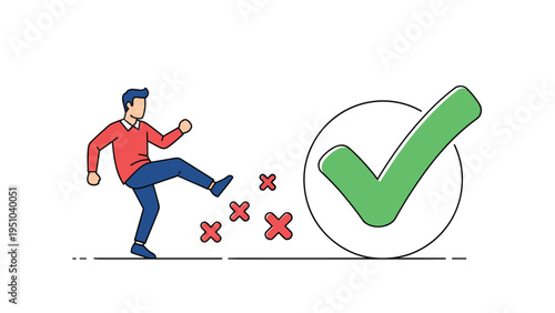 Determined man kicking aside red error marks to reach a large green checkmark, symbolizing the drive to overcome failure and succeed.