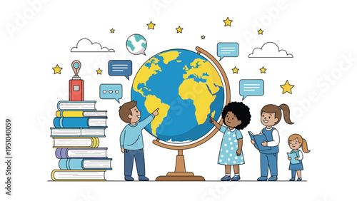 Group of diverse children exploring a giant globe together, surrounded by books and stars, symbolizing global education and discovery.