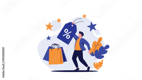 Happy man celebrating a great deal while holding a large percentage discount tag and shopping bags, representing successful retail sale.