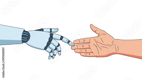 Mechanical robotic finger reaching out to touch a human finger, symbolizing the integration of technology and human life.