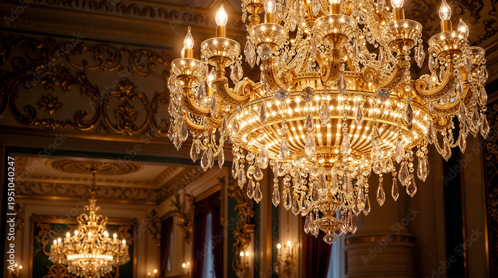 Obraz premium Opulent crystal chandelier in Versailles Palace hall, illuminating gilded baroque details — atmosphere of grandeur, royalty, and Baroque splendor 