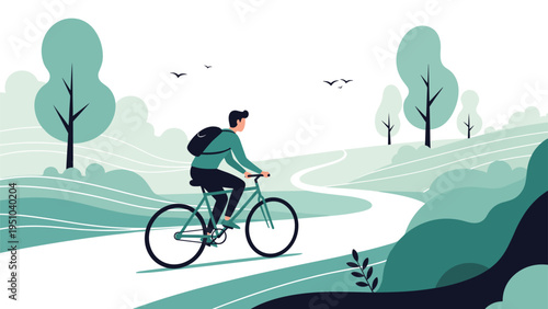 Active man rides bicycle along winding path through peaceful green hilly landscape with trees and birds in the sky.