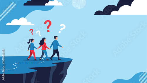 Group of people walks along path toward cliff edge with question marks above heads representing uncertainty and risky choices.