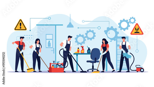 Professional cleaning crew in uniforms work together to clean office space with vacuums brooms and cleaning supplies.