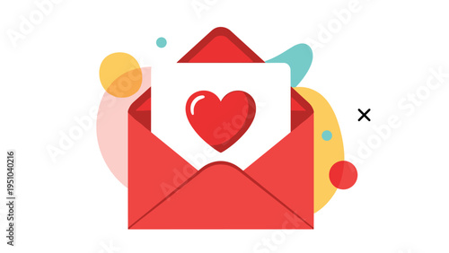Open red envelope contains white card with red heart symbol expressing love and celebration for special occasions or messages.