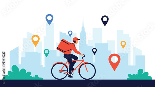 Delivery person on red bicycle carries backpack through city with location pin icons showing various destinations and routes.