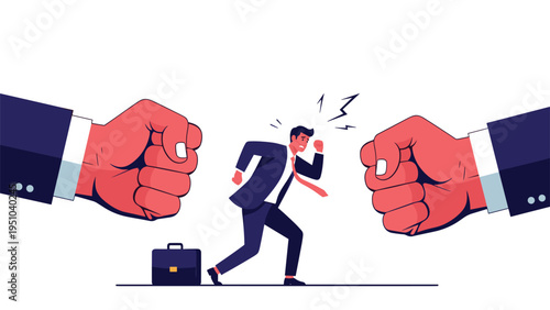 Worried businessman with briefcase is trapped between two giant punching fists representing corporate pressure and competition.