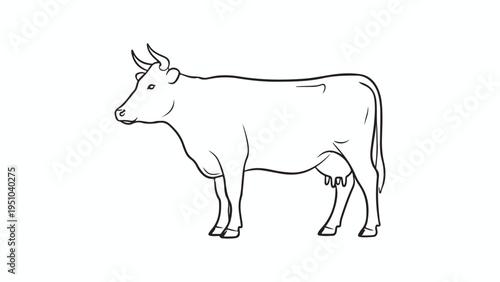A simple black and white line art illustration of a dairy cow standing in a profile orientation