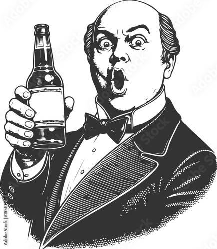 Surprised man holding beer bottle vintage engraving illustration